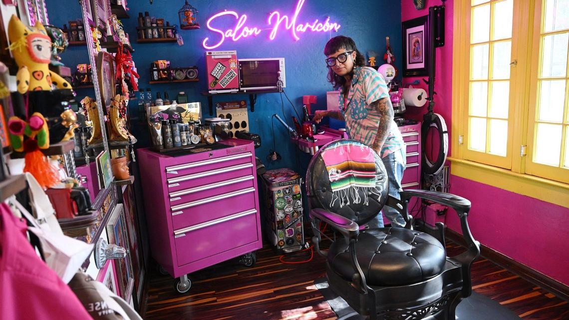 Monica Madrigal, co-owner of Color me Chula, is seen in her work area at the uniquely inclusive salon business in the Tower District. Photographed Monday, June 23, 2025 in Fresno.
