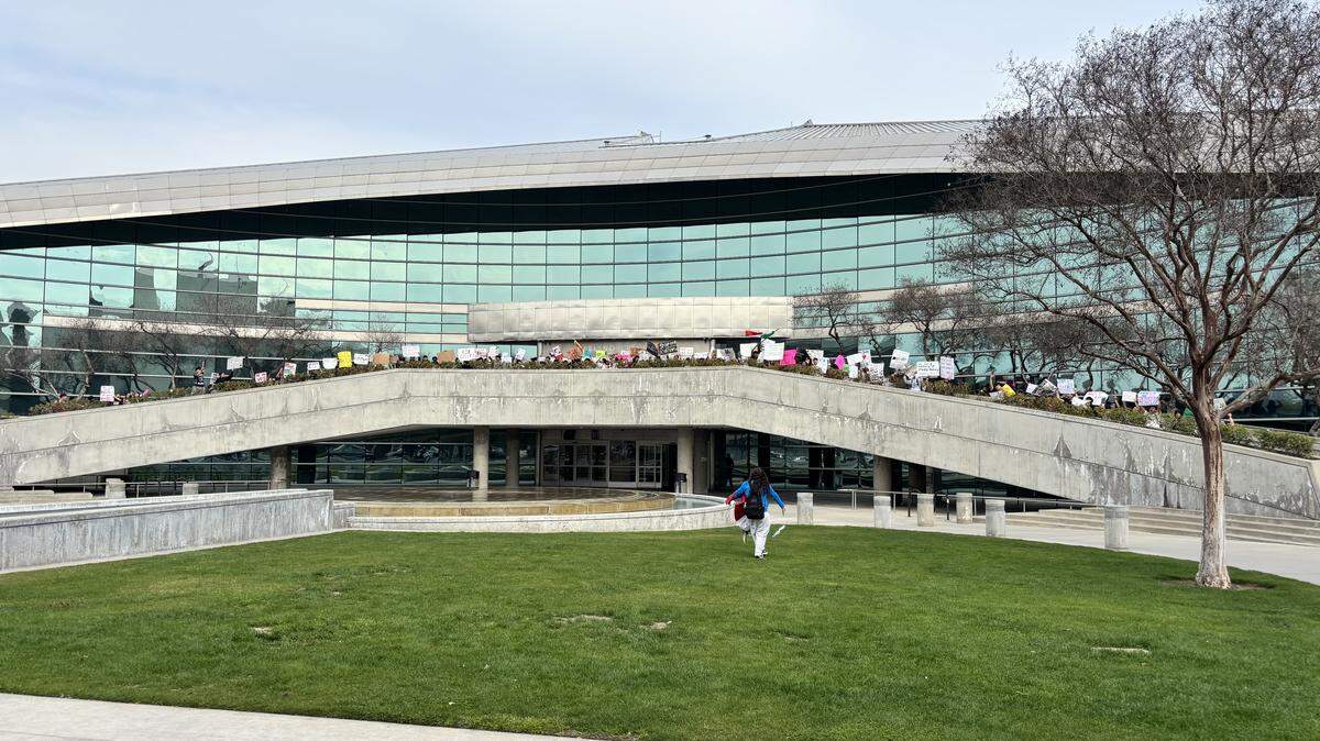 Roosevelt High students arrived at Fresno City Hall for an anti-ICE protest on Friday, Feb. 6, 2026.