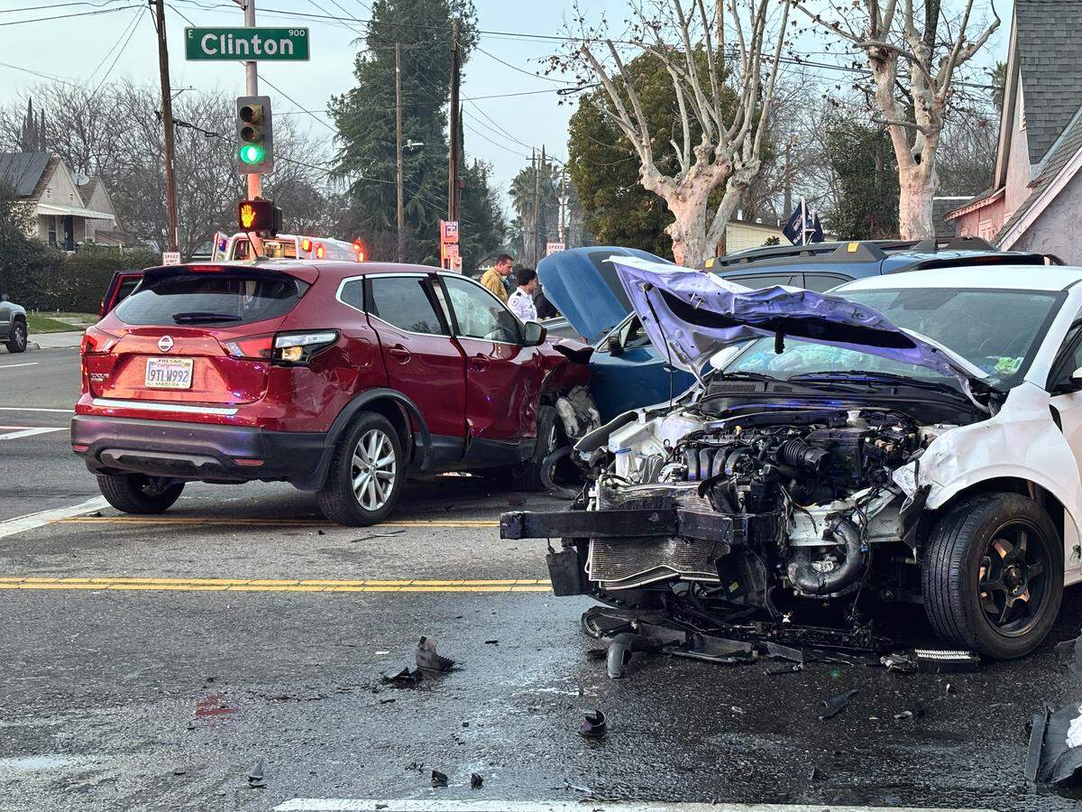 Four-vehicle crash at Clinton and Maroa avenues in Fresno, California on Sunday, Feb. 1, 2026.