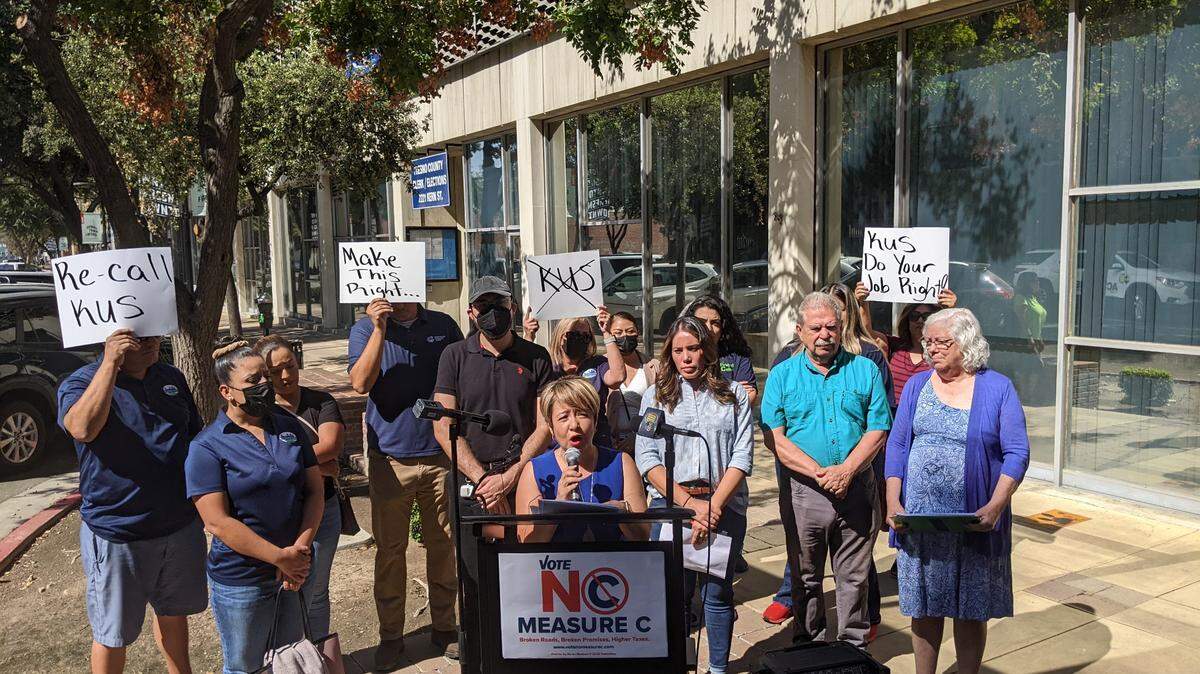 The No-on-C coalition announce in front of the Fresno County Election Clerk’s office that they filed a lawsuit in the Fresno County Superior Court to compel the county election officer to use their argument opposing Measure C on the ballot, rather than a generic one written by the Libertarian party, Friday, Sept 2, 2022.