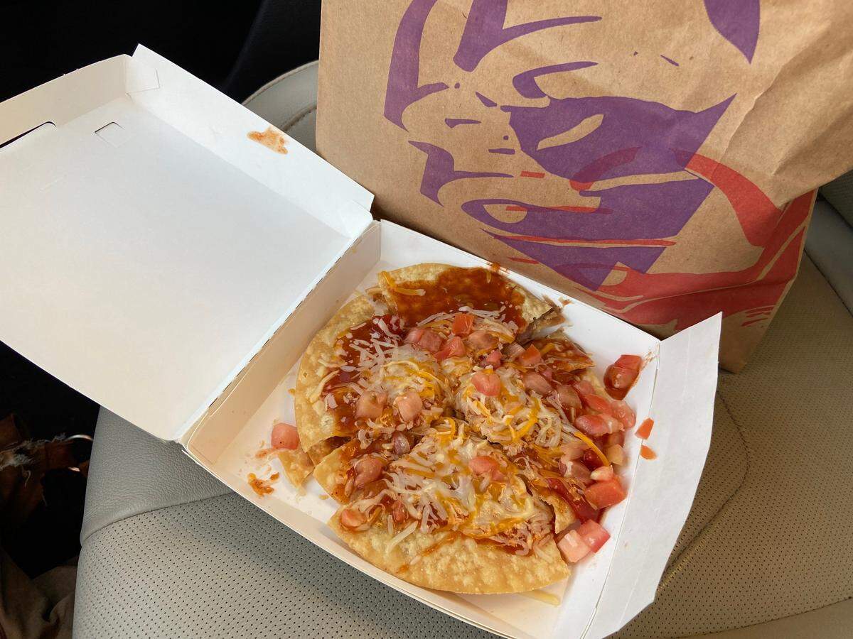 A Taco Bell Mexican Pizza purchased at Shaw and West avenues in Fresno Tuesday, after its trip through the drive-thru window.