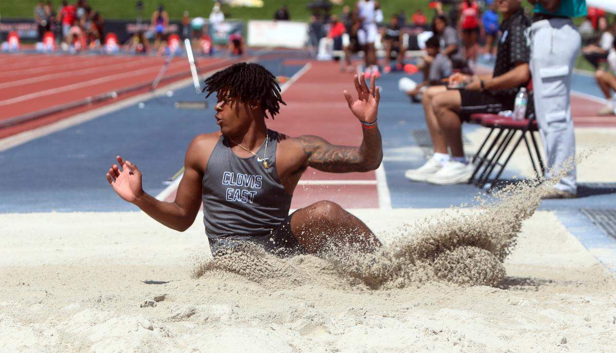 Clovis East senior Harold Duvall finished second in the West Coast Relays boys long jump with a leap of 22 feet at Buchanan High on April 5, 2025.