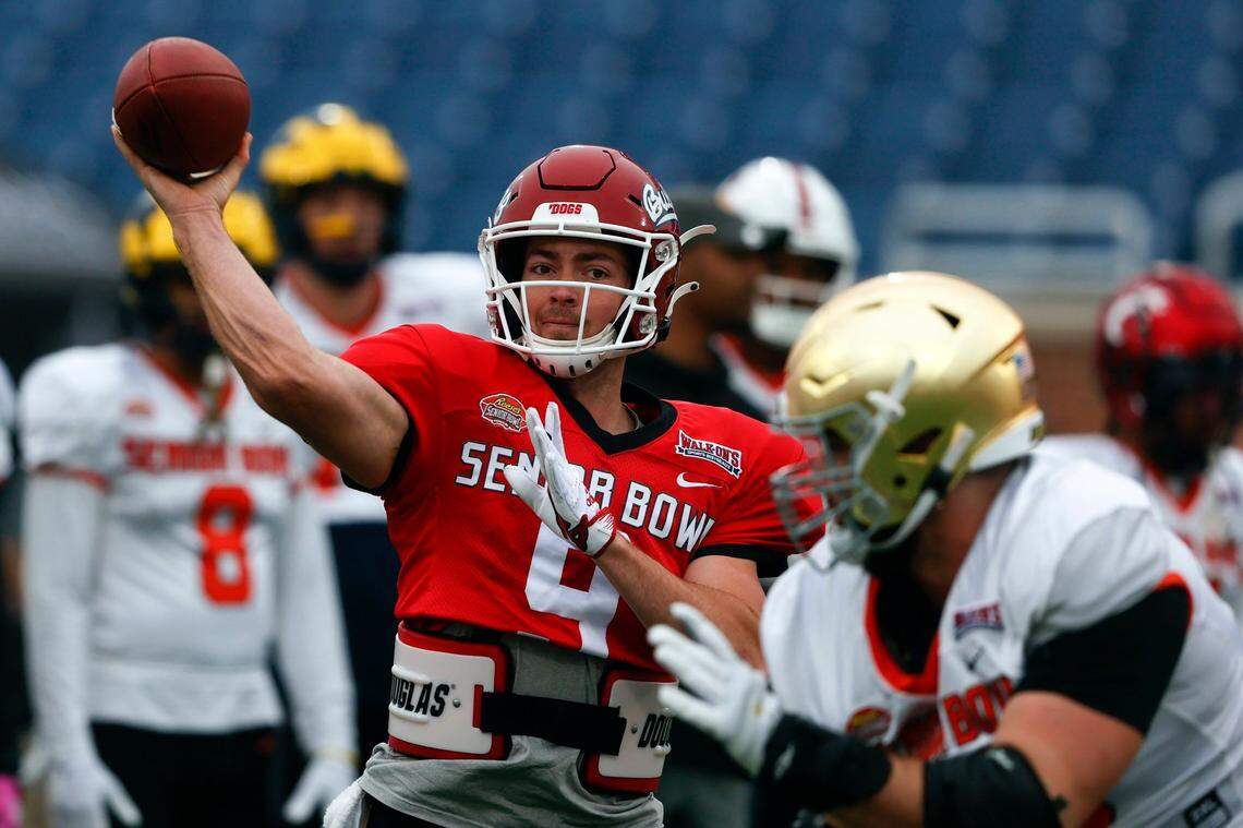 National quarterback Jake Haener of Fresno State runs drills during practice for the Senior Bowl Thursday, Feb. 2, 2023, in Mobile, Ala..