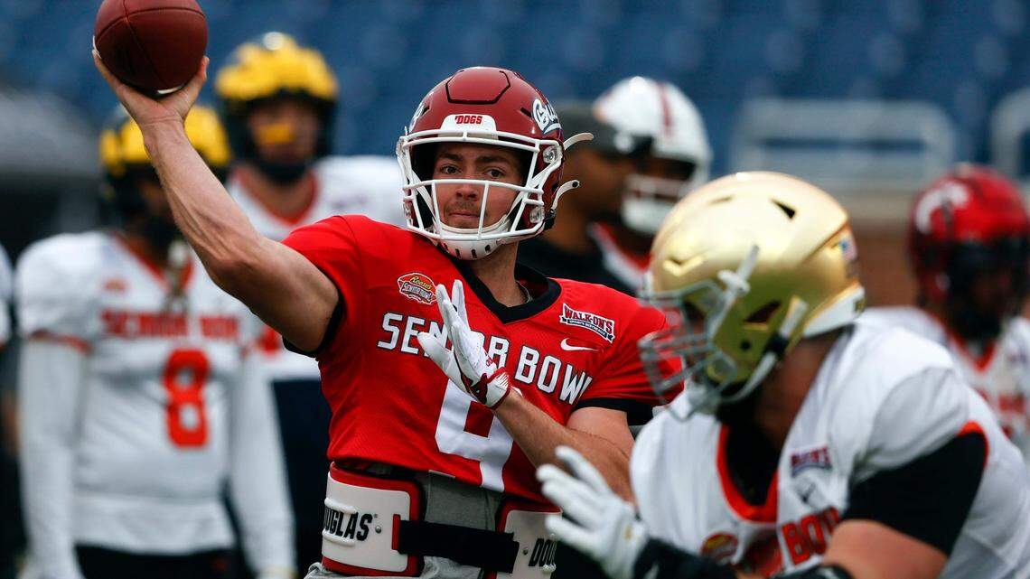 National quarterback Jake Haener of Fresno State runs drills during practice for the Senior Bowl Thursday, Feb. 2, 2023, in Mobile, Ala..