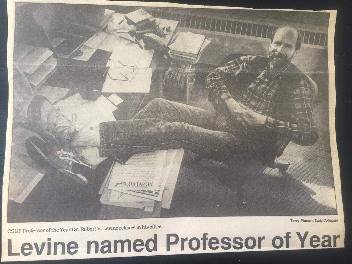 A newspaper clipping showing a photo of Robert Levine by The Collegian, Fresno State’s student-run newspaper, announcing his Professor of the Year award.