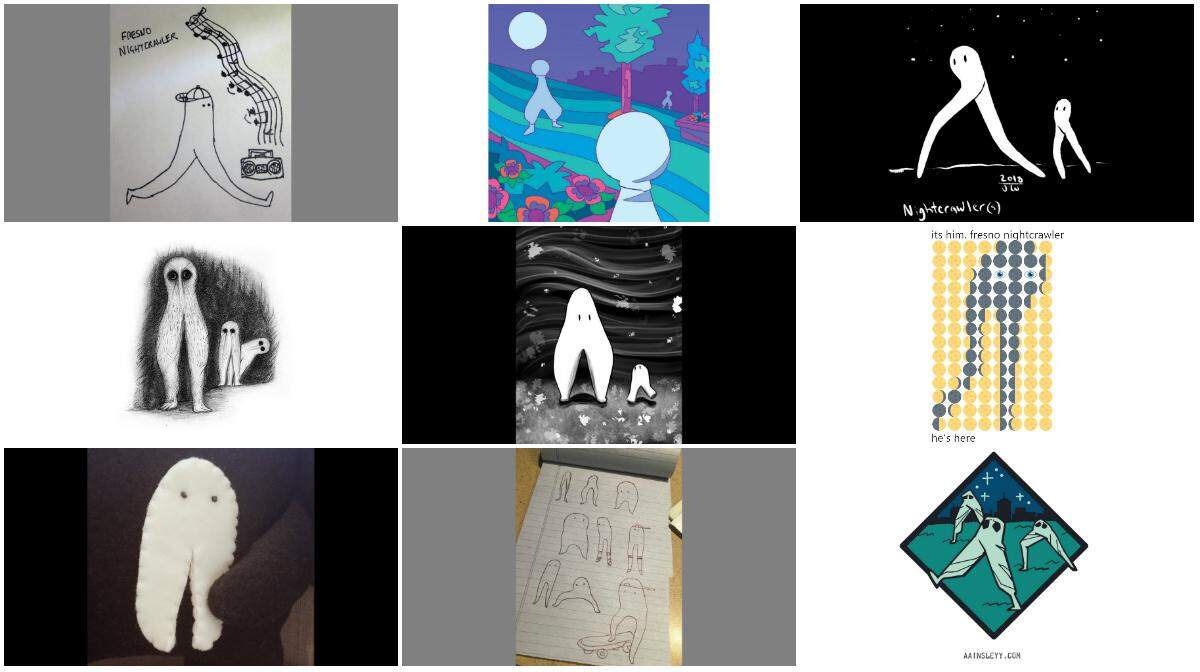 An assortment of Fresno Nightcrawler art posted on Twitter. Created by the following artists, top row, from left: @Purple_Wyrm, Kiernan Sjursen-Lien @zaken, and @Redurdletron. Middle row, from left: Beth Windle @WindleBeth, J. Lopez-C @Jonalope9889, and Brooke Hogpockets @hogpockets. Bottom row, from left: Such Plush Sew Wow @SuchPlushSewWow, Kali H. @_sinistar, and Ainsley Yeager @aainsleyyactual.