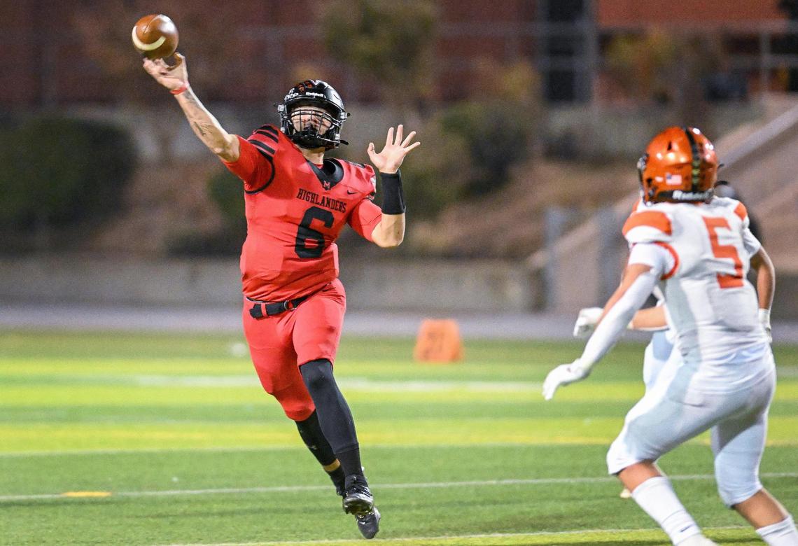 McLane quarterback Noah Zamora throws on the run against Wasco in the second half of their Central Section Division IV quarterfinal playoff game at McLane Stadium in Fresno on Friday, Nov. 8, 2024.