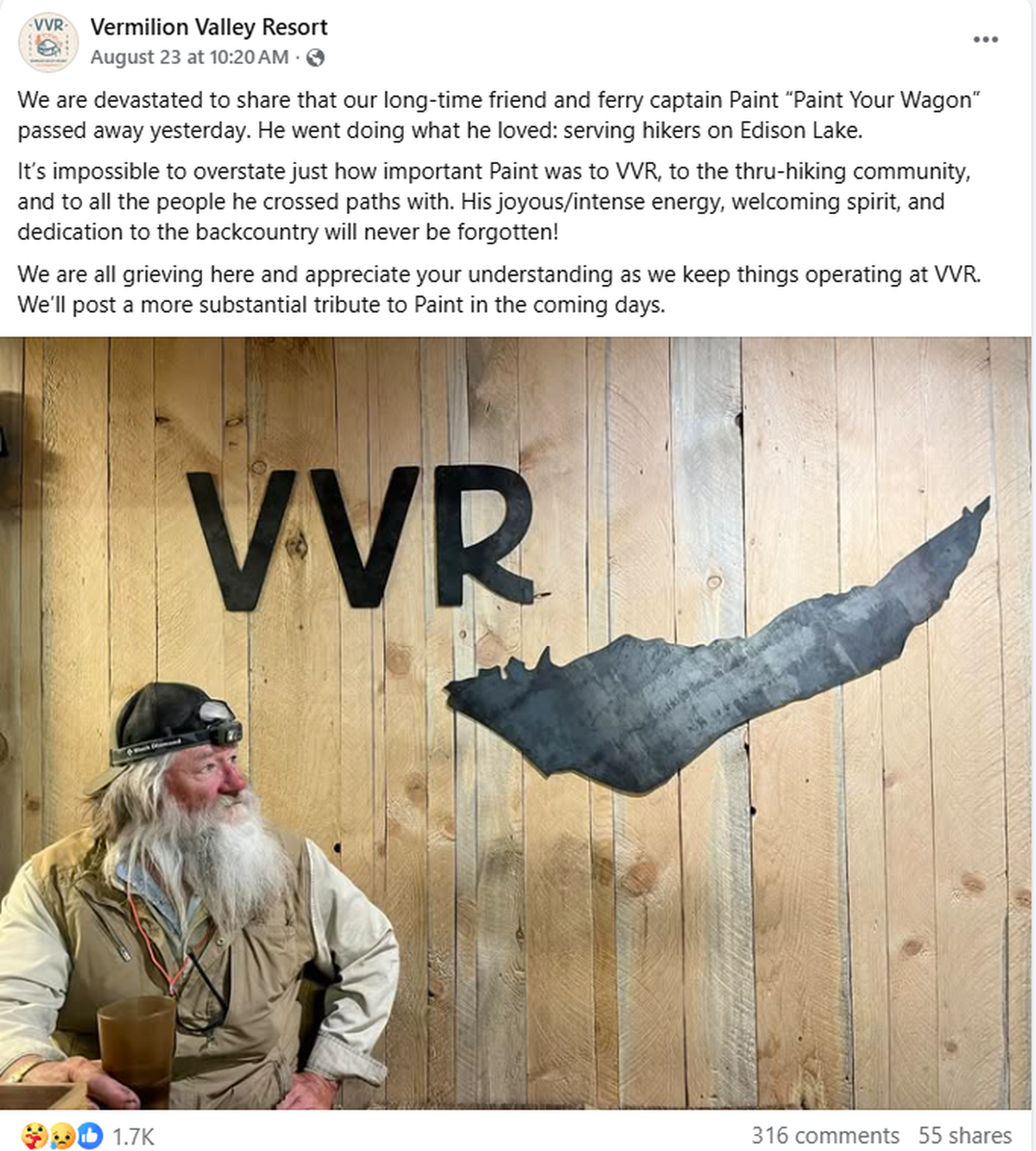 The Vermilion Valley Resort shared the devastating news on social media a day after the incident.