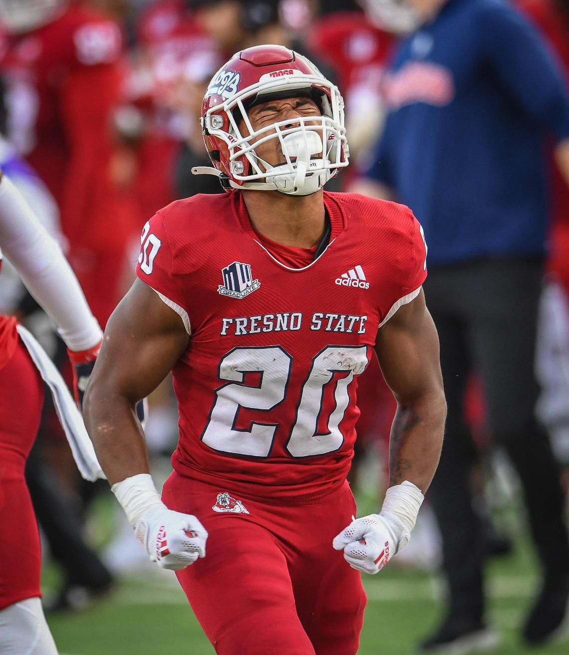Fresno State’s Ronnie Rivers celebrates after a long run against Boise State in the first half of their game at Bulldog Stadium on Saturday, Nov. 6, 2021.