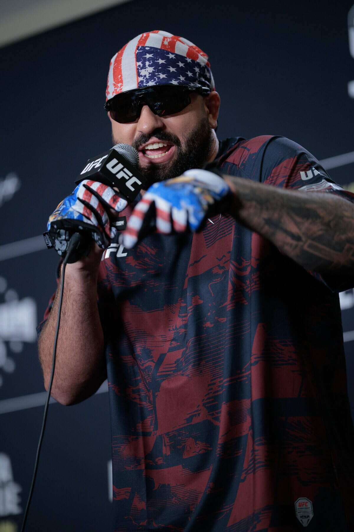 No. 5 UFC heavyweight fighter Josh Hokit answers questions during the UFC Freedom 250 Media Day at the JW Marriott Hotel on June 10, 2026 in Washington, DC. Organized by the Ultimate Fighting Championship (UFC) -- the world's largest professional mixed martial arts promotion company -- the event is being hosted by U.S. President Donald Trump on his birthday and will take place on the White House's South Lawn on June 14.