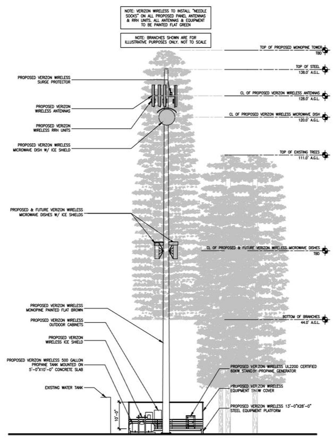 Plans for a 138-foot cellular tower near Wuksachi Village in Sequoia National Park detail how it would be disguised as a tree to blend in with the surrounding forest.