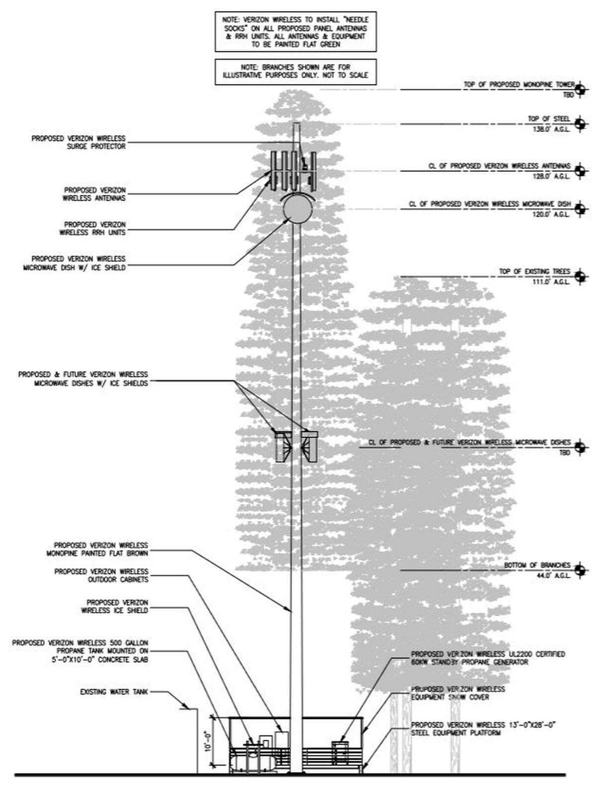 Plans for a 138-foot cellular tower near Wuksachi Village in Sequoia National Park detail how it would be disguised as a tree to blend in with the surrounding forest.