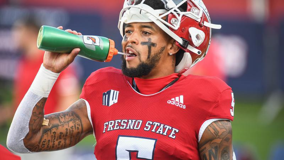 Jalen Moreno-Cropper hydrates while warming up before the start of the Fresno State-Cal Poly game at Valley Children’s Stadium on Thursday, Sept. 1, 2022.