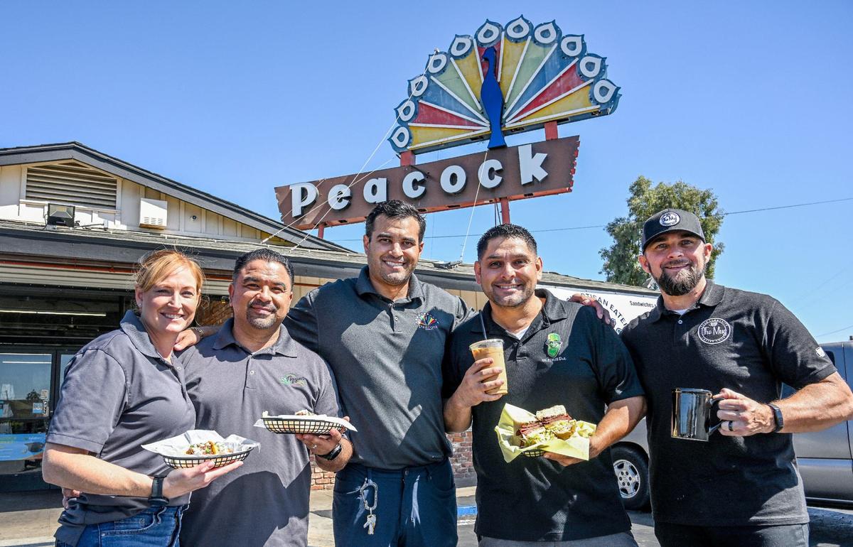 From left to right, Lisa and Miguel Segura of Miguel’s Taqueria, Ron Meyers of Peacock Market, Nick Huerta of The Pickled Deli, and Michael Edgar of The Mug will all be part of Peacock Market’s new Peacock Artisan Eatery.