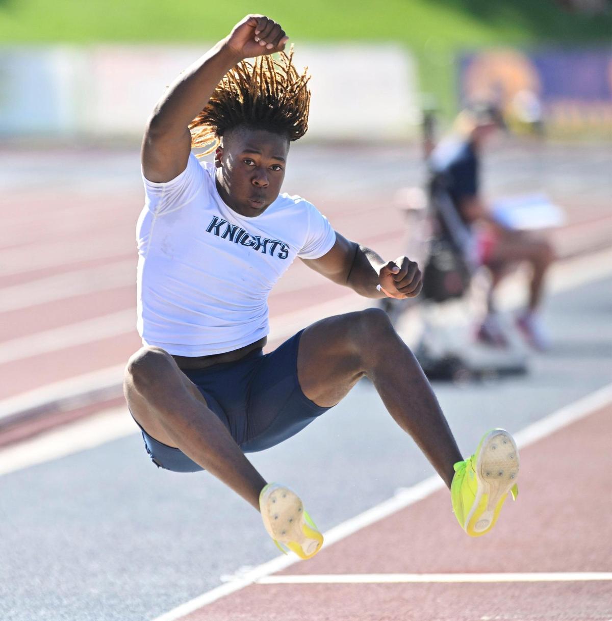 Bullard’s Kyle Hughes in the Boys Long Jump at the 2023 CIF California Track & Field State Championship finals Saturday, May 27, 2023 in Clovis.