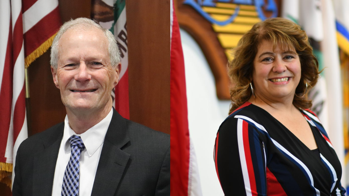 Madera County District 3 Supervisor Robert Poythress, left, is being challenged for his seat by Madera City Councilmember Cecelia Gallegos, right, in the March 5, 2024, election. It will be the county’s only local race.