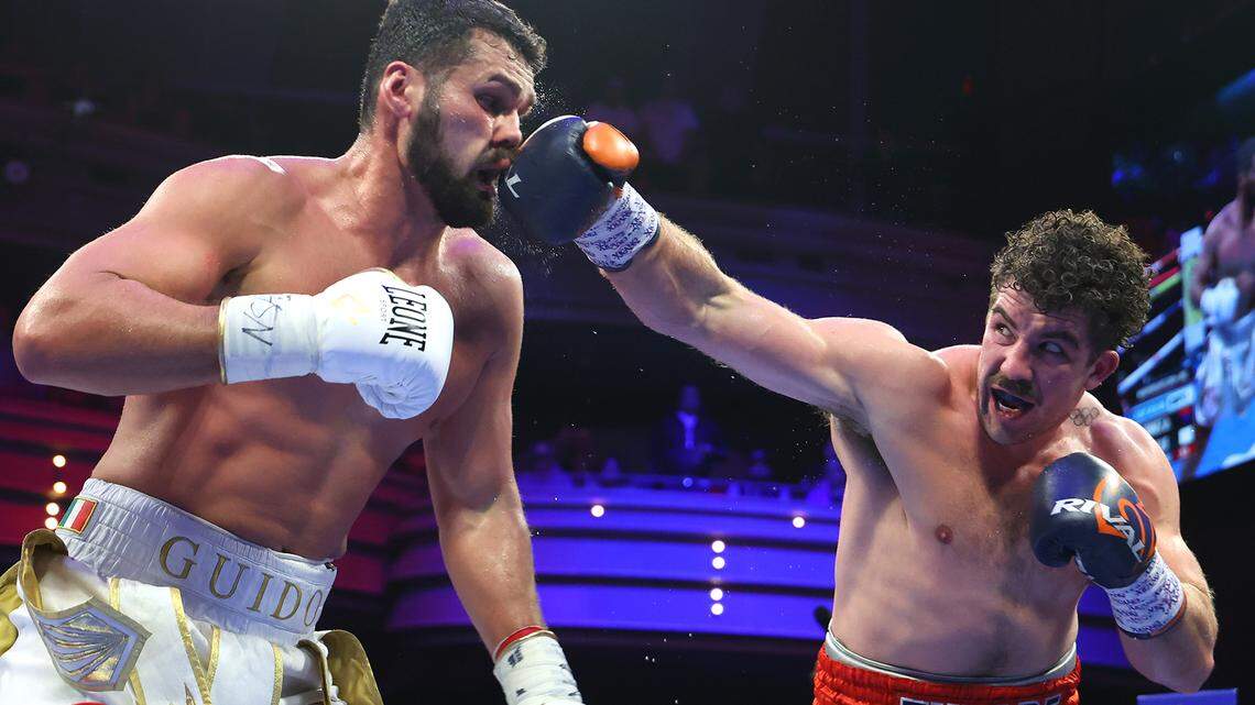 Richard Torrez of Tulare lands a shot on Guido Vianello on Saturday, April 5, 2025.