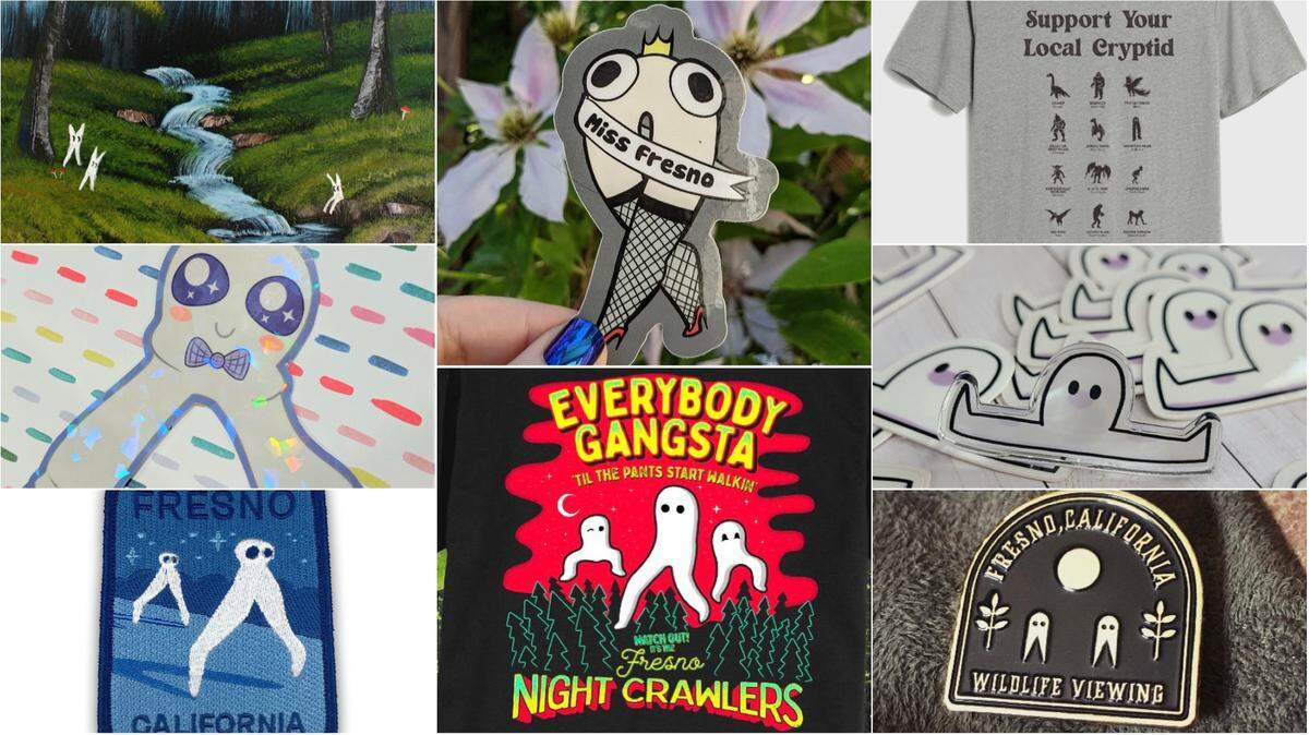 Screenshots of Fresno Nightcrawler art for sale on Etsy. The sellers’ names on Etsy, who made this art: