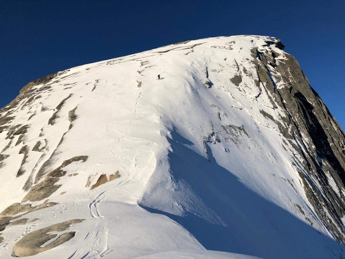 Zach Milligan skiing down Half Dome on Feb. 21, 2021.
