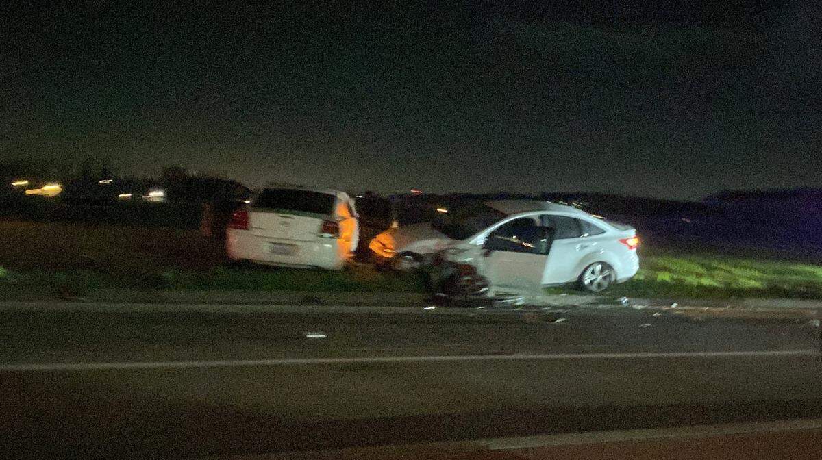 A two-vehicle collision following a shooting in Fresno, California on Saturday, Feb. 10, 2024.