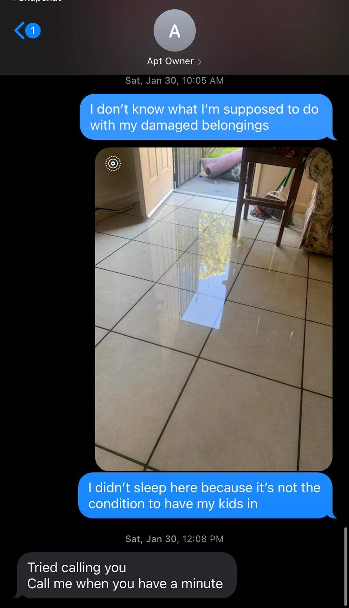 A screenshot provided to The Fresno Bee shows Melissa Tepezano sent a photo of her flooded apartment to her landlord on Jan. 30. 