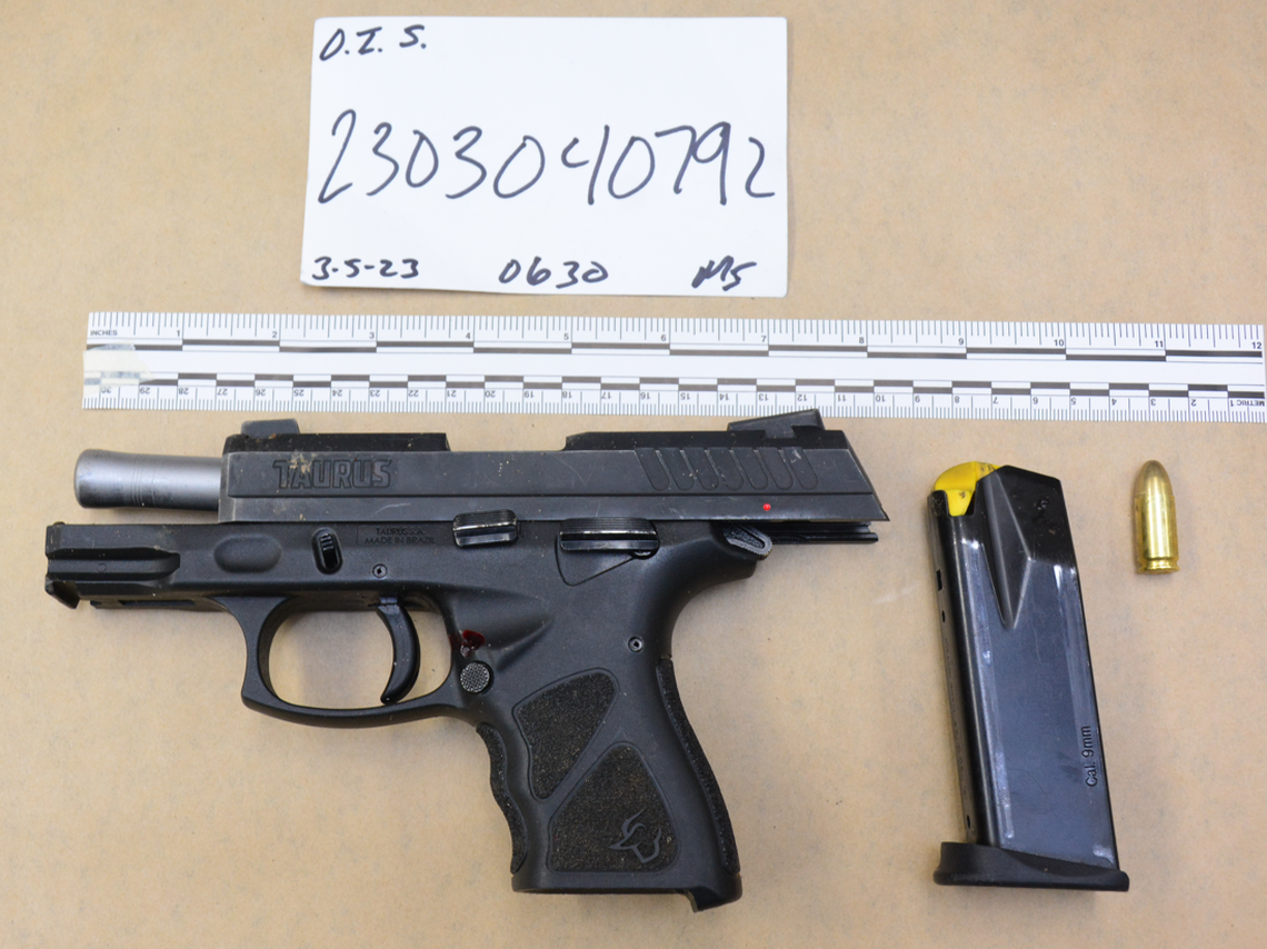 A pistol allegedly used by a suspect slain by a Fresno police officer during a gun battle Saturday evening on Herndon Avenue.