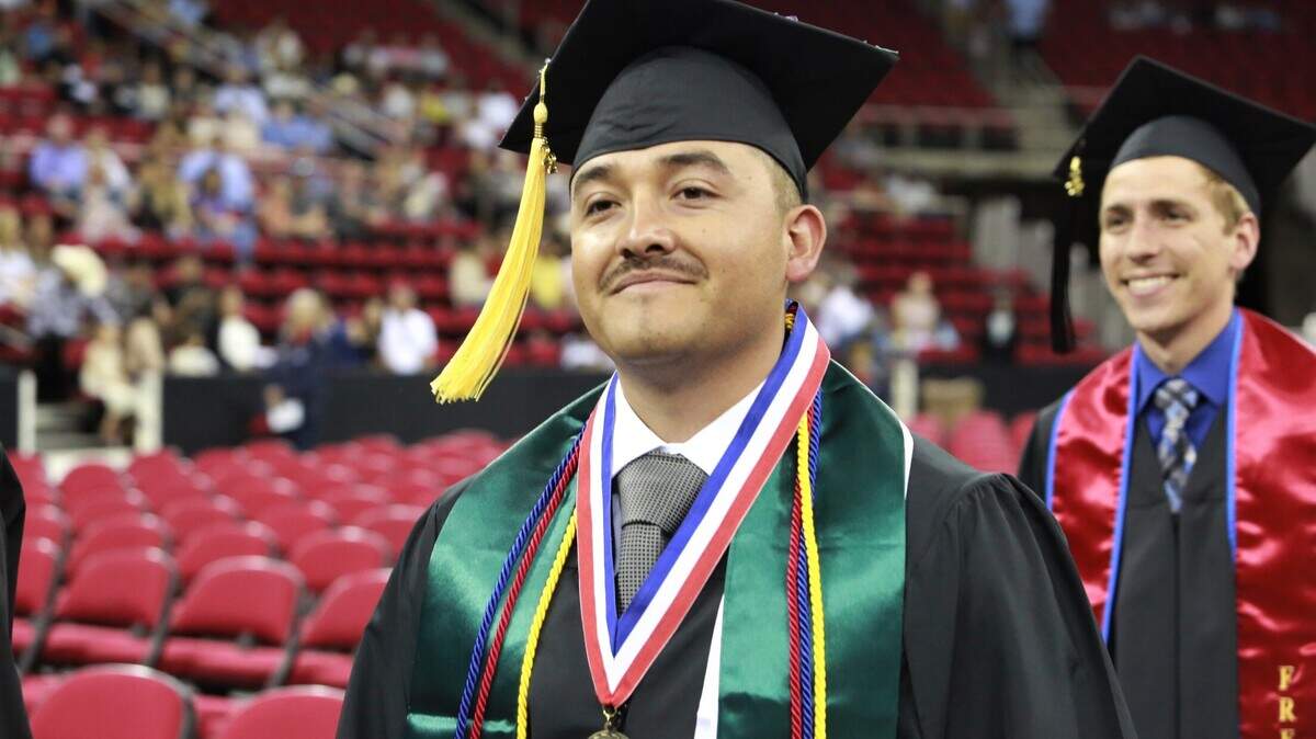Fresno State’s Héctor Jácome-Sáenz during the Jordan College of Agricultural Sciences and Technology graduation ceremony Friday (May 20) afternoon at the Save Mart Center. Jácome-Sáenz was selected as the undergraduate dean’s medalist for the Jordan College of Agricultural Sciences and Technology. He earned his bachelors’ degree in plant science with a 4.0 GPA.
