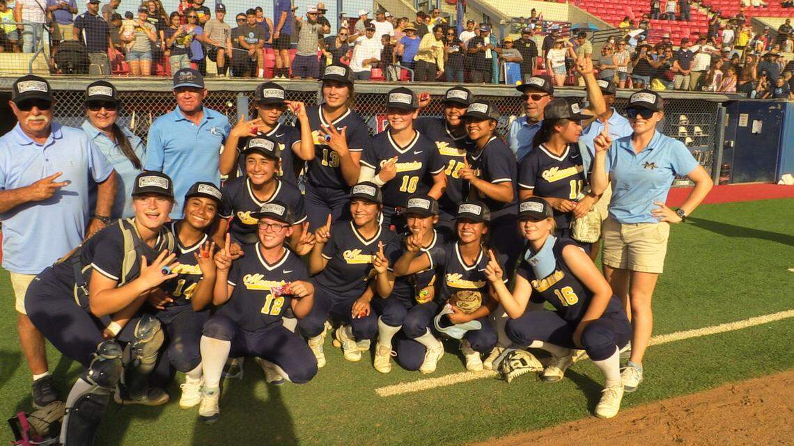 Monache takes a team photo after winning the Central Section Division III championship after a 2-0 victory over Wasco at Margie Wright Diamond on Friday, May 27, 2022.