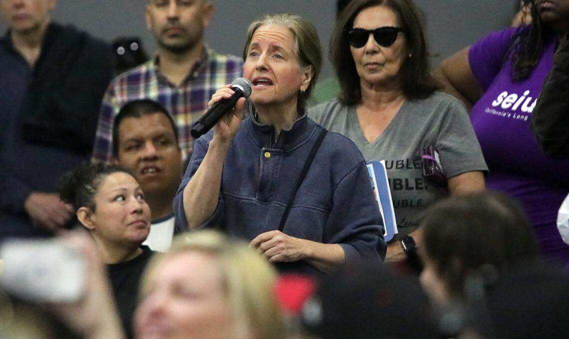 Retired high school choral director Jenepher Lapp said voters need more direction from the Democrats at the Benefits Over Billionaires town hall at the Martin Luther King Jr. Community Center in Bakersfield on March 23, 2025.