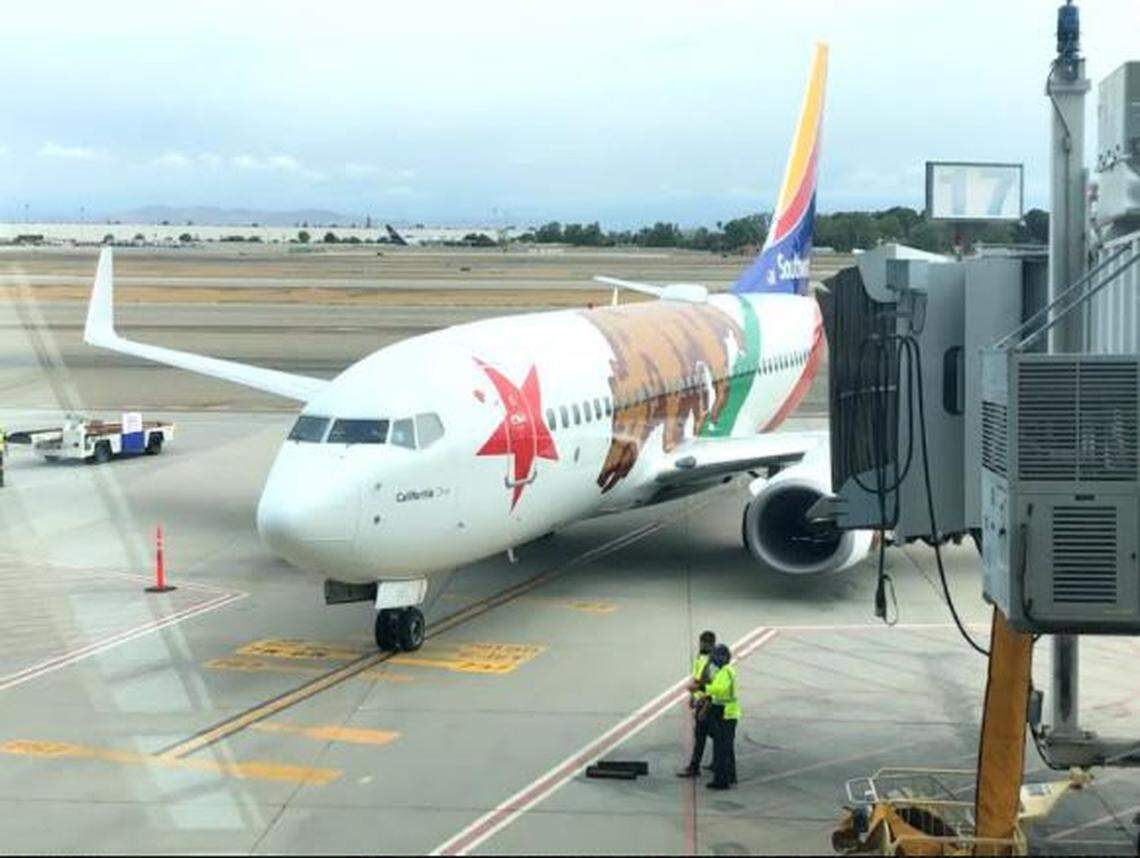 The inaugural Southwest Airlines flight from Fresno to Las Vegas is shown at Fresno Yosemite International Airport on Sunday, April 25, 2021.