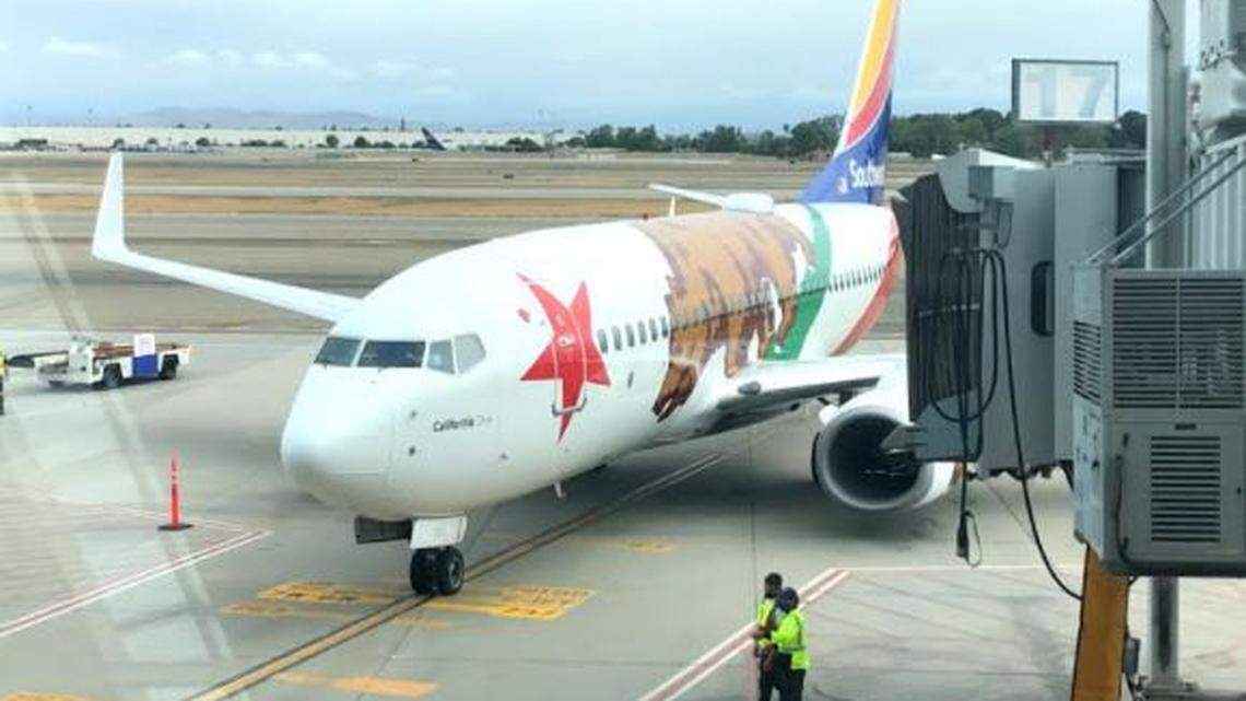 The inaugural Southwest Airlines flight from Fresno to Las Vegas is shown at Fresno Yosemite International Airport on Sunday, April 25, 2021.