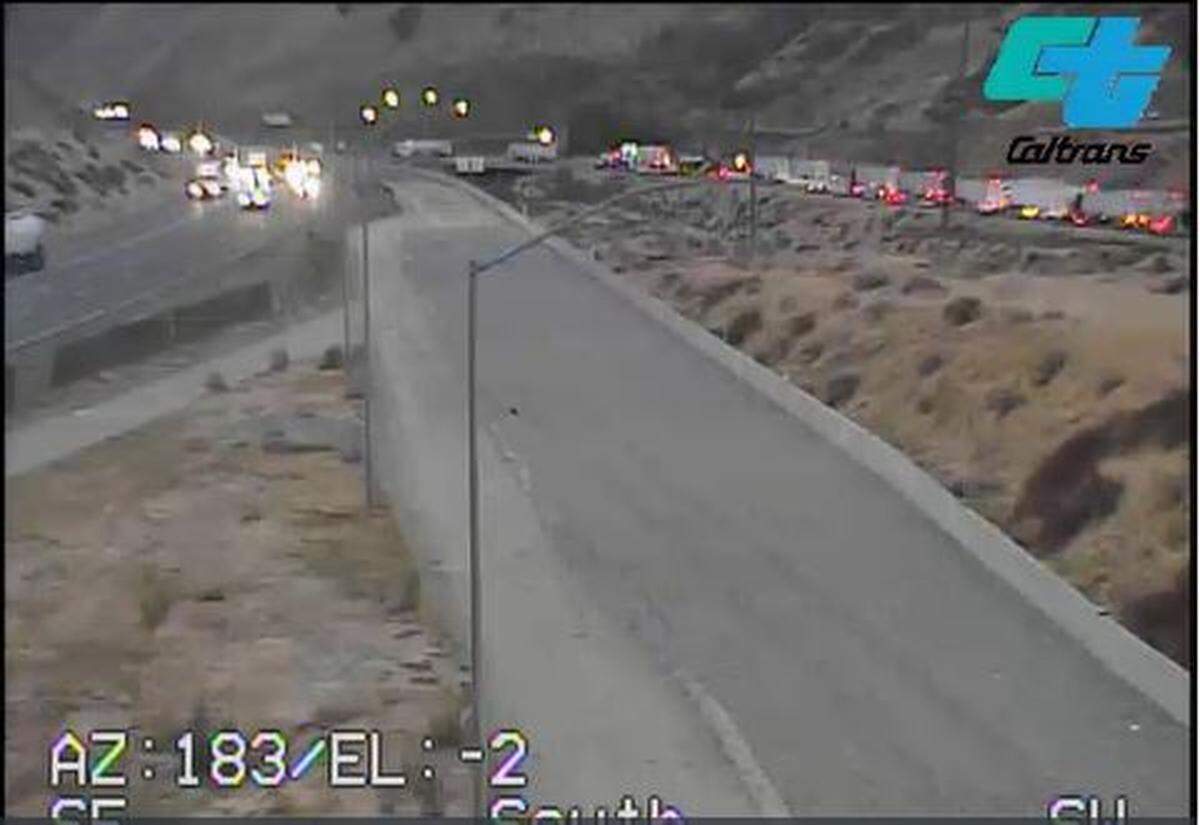 Two crashes on Interstate 5 headed south on the Grapevine blocked three of the four lanes early Thursday, Oct. 26, 2023, backing traffic up for 5 miles, Caltrans said.