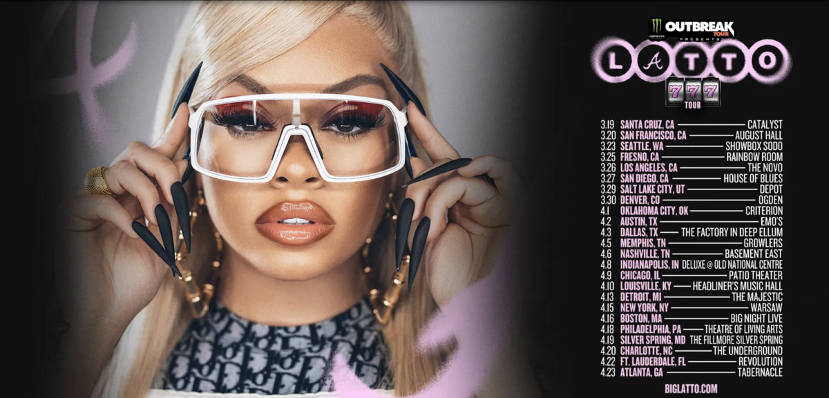 The Monster Energy Outbreak Tour announced Wednesday that Latto, AKA the self-proclaimed Queen of Da Souf, will perform March 25 at the Rainbow Ballroom in downtown Fresno. The Fresno concert is listed as the fourth stop on Latto’s 24-city tour.
