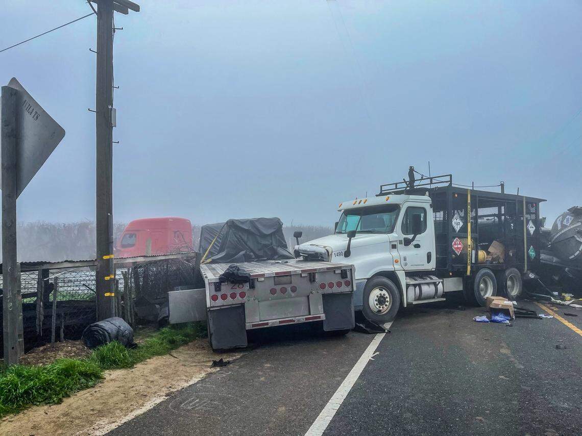 Fog is blamed for four commercial trucks colliding on Highway 43, between Kingsburg and Laton in Fresno County on Friday, Jan. 16, 2026.