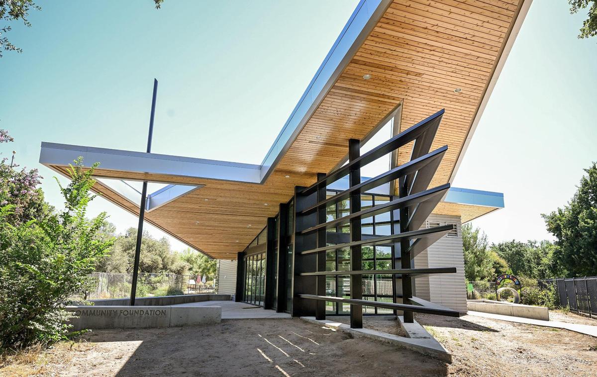 The Clovis Botanical Garden visitors center, designed by Fresno architect Arthur Dyson, which will be used for community activities as well as a gift shop, is shown nearly completed on Wednesday, July 9, 2025. A ribbon-cutting ceremony for its opening is being planned for September.