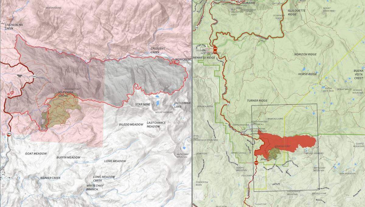 Maps published Friday, July 15, 2022, by the National Interagency Fire enter show the perimeter of the Washburn Fire burning in Yosemite National Park and the Sierra National Forest. The fire was estimated at almost 4,800 acres Friday morning, with containment estimated at 31%.