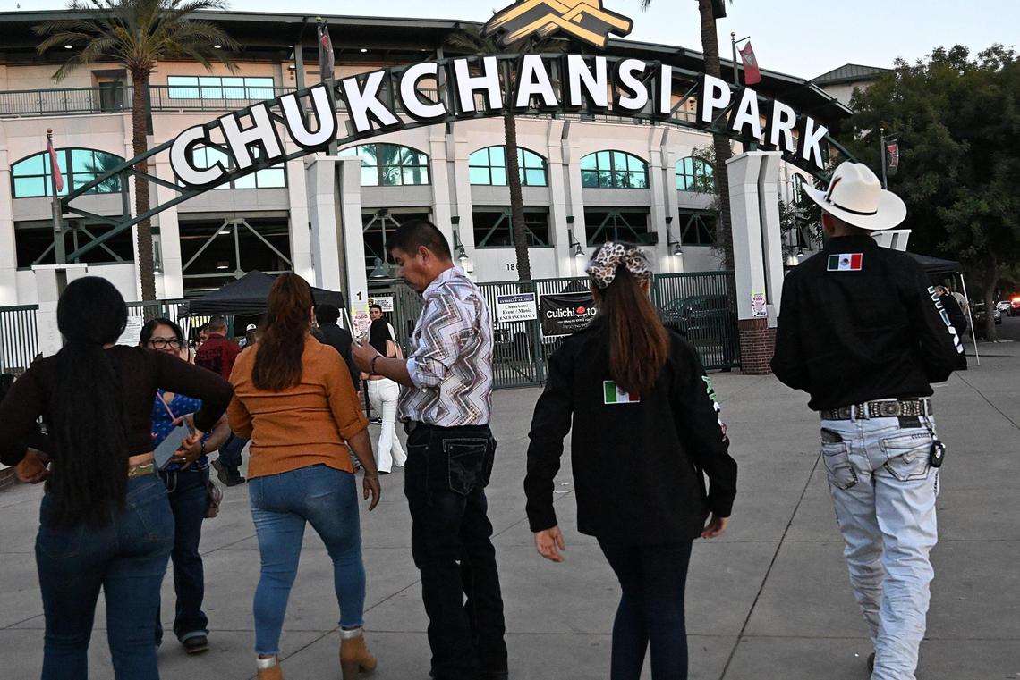 Fans of banda music enter Chuckchansi Park to see Banda MS, El Flaco, Yahritza and more Friday, Oct. 6, 2023 in downtown Fresno.