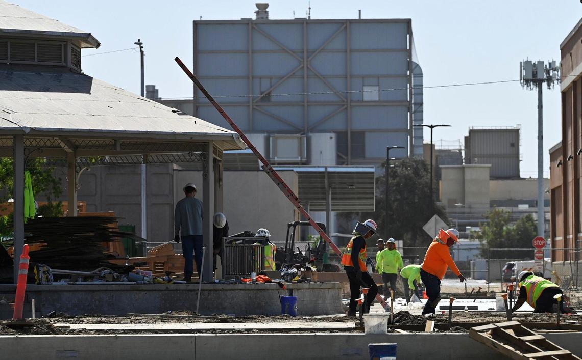 Construction continues at the new Adventist Health Amphitheater which promises to bring music and food trucks and other events to central Tulare. Photographed Friday, Oct. 18, 2024.