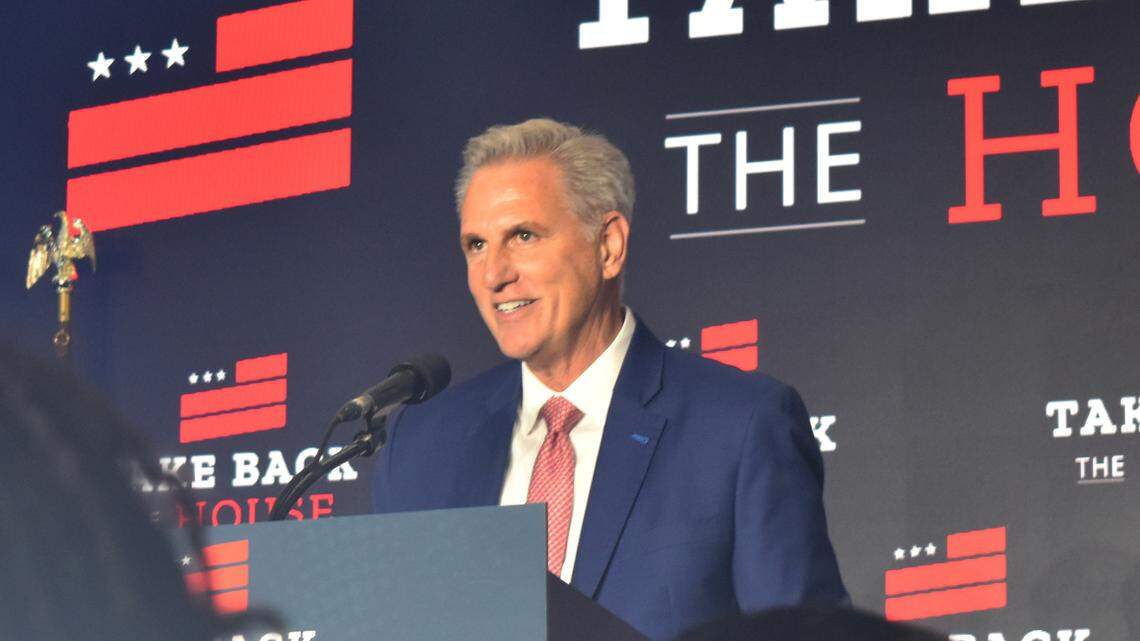 House Minority Leader Kevin McCarthy, R-Bakersfield, speaks to supporters and reporters at the “Take Back the House” election watch party in Washington, D.C., around 2 a.m. Eastern Time on Wednesday, Nov. 9, 2022. McCarthy is likely to become the next Speaker of the House.