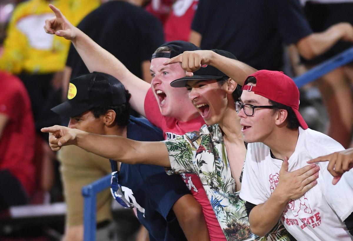 Fresno State fans cheering on the Bulldogs in their game against Cal Poly Saturday, Sept. 11, 2021 in Fresno.