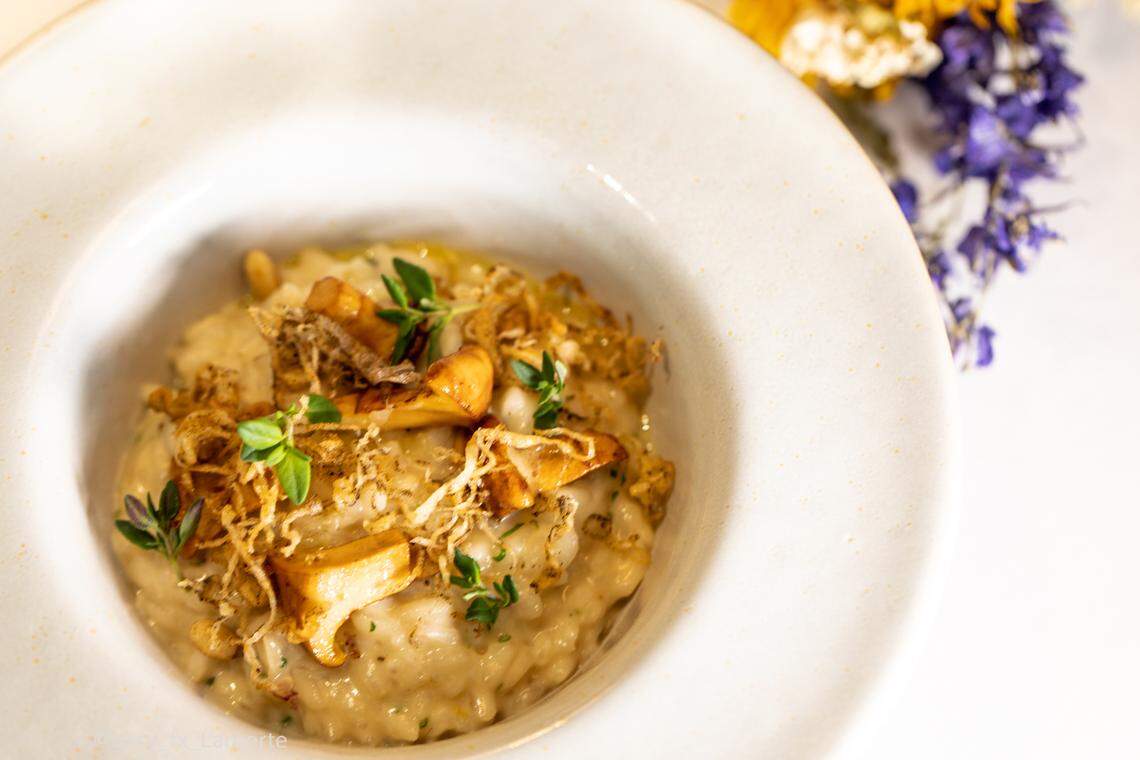 The superfino carnaroli risotto on the menu at the new Rainbird restaurant in Merced is made with chestnut mushrooms, pinion pine nuts, vintage Parmesan and golden shallot oil.