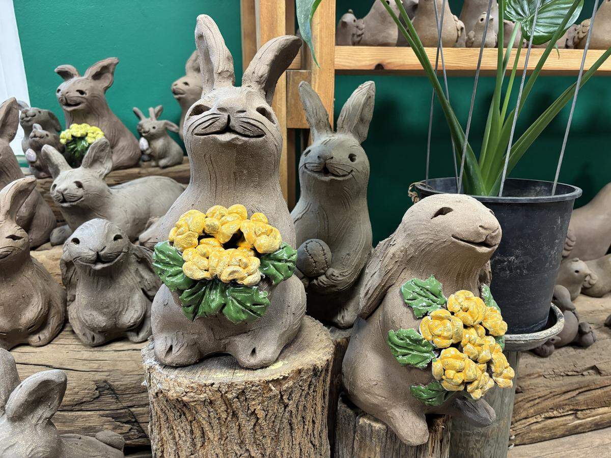 Sculptures like these are for sale at Margaret Hudson’s Earth Arts Studio in central Fresno.