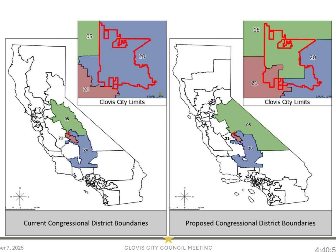 The proposed redistricting map splits Clovis among three congressional districts, according to the staff’s presentation.