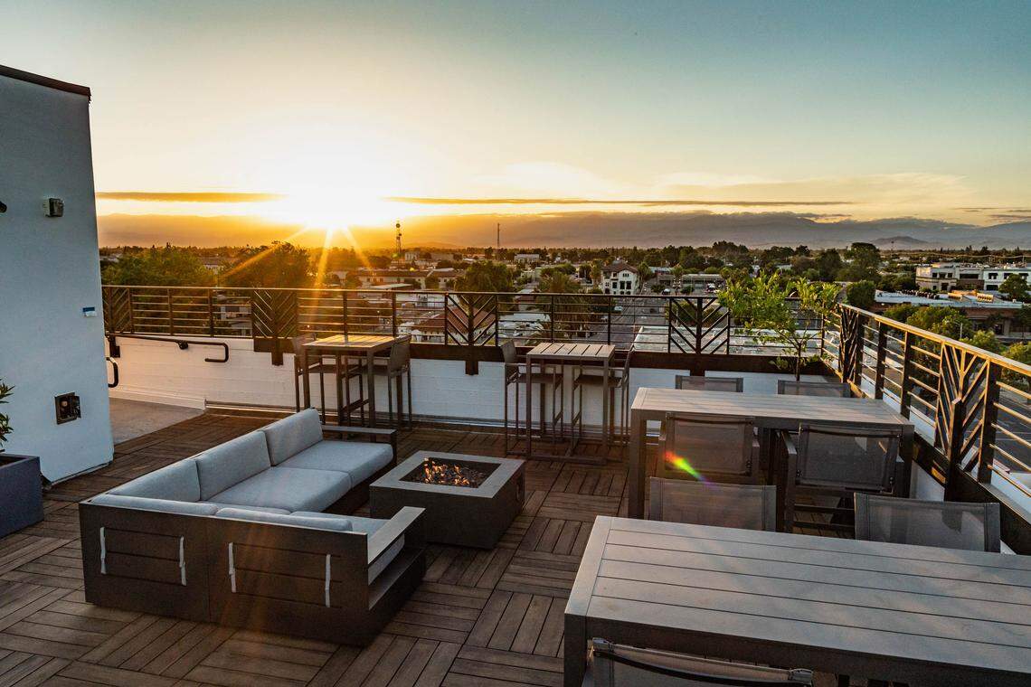The Elderwood Restaurant on the rooftop of The Darling Hotel in Visalia features views of downtown and the Sierra Nevada mountains.