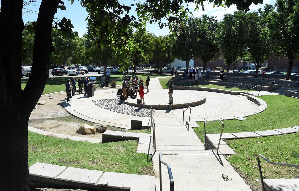 Fresno Mayor Jerry Dyer holds a news conference at Eaton Plaza to announce his plans for renaming the plaza to Unity Park at Eaton Plaza which would become a venue for flag-raising and rallies, Thursday, June 3, 2021.
