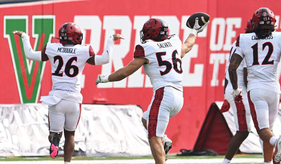 San Diego State's August Salvati, center, celebrates recovering a fumbled Fresno State pass Saturday, Oct. 24, 2025 in Fresno.
