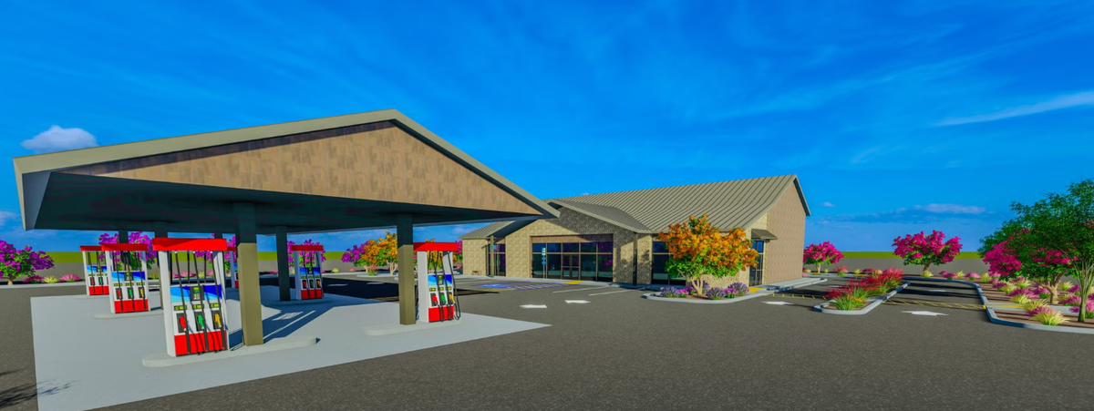 A rendering shows what the Yosemite Travel Center will look like. The center will be located on the southeast corner of the intersection of Highway 41 and Tesoro Viejo Boulevard in Madera County.