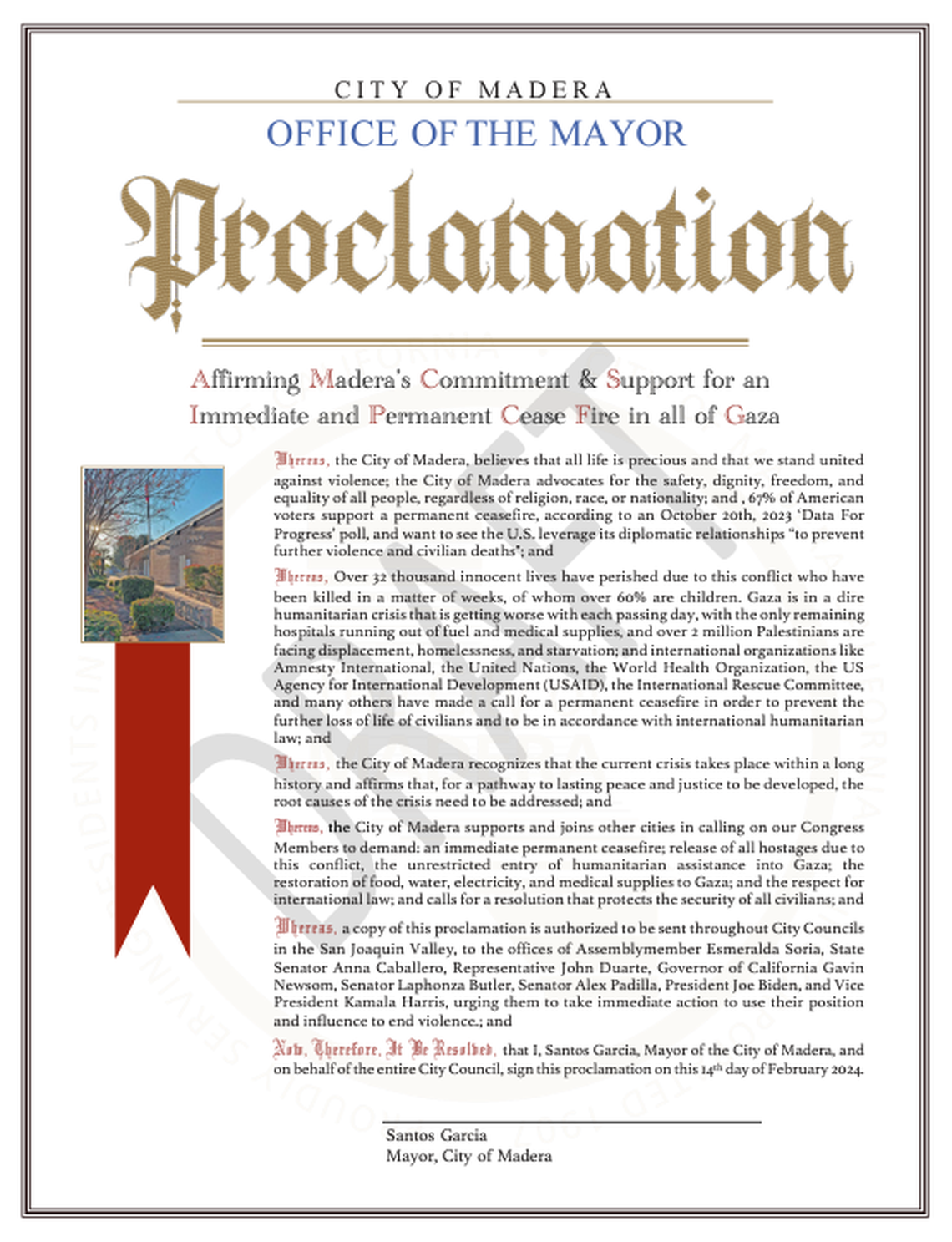 The city of Madera calls for an immediate and permanent ceasefire in Gaza with a resolution its City Council unanimously approved Wednesday, Feb. 14.