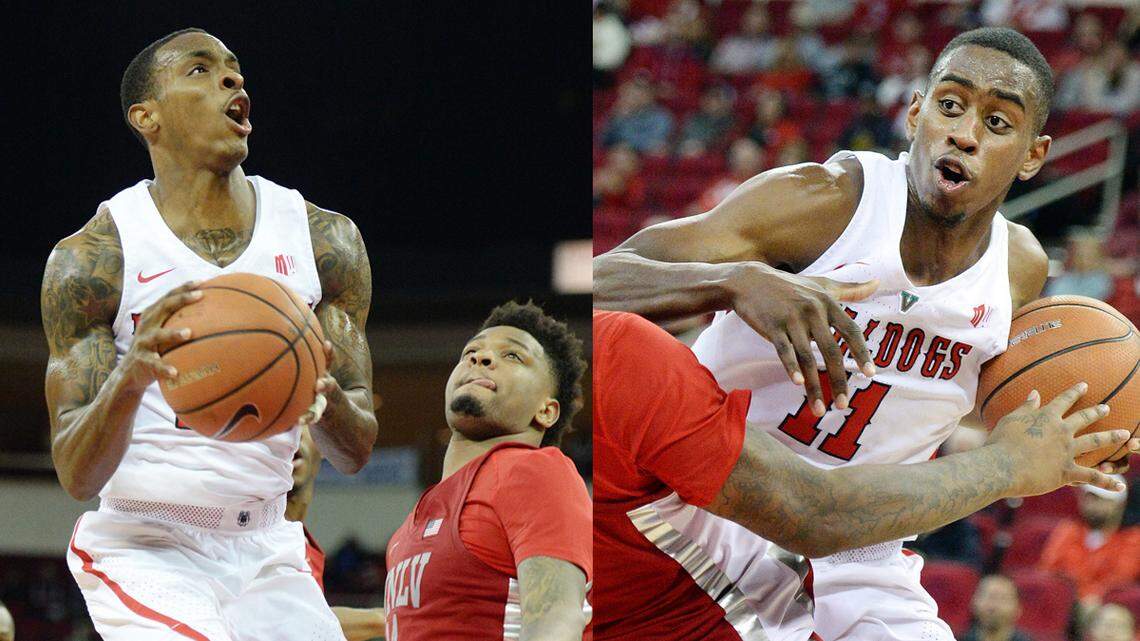 Fresno State junior guard Deshon Taylor, left, was named to the All-Mountain West first team and teammate Bryson Williams, a sophomore forward, to the third team.
