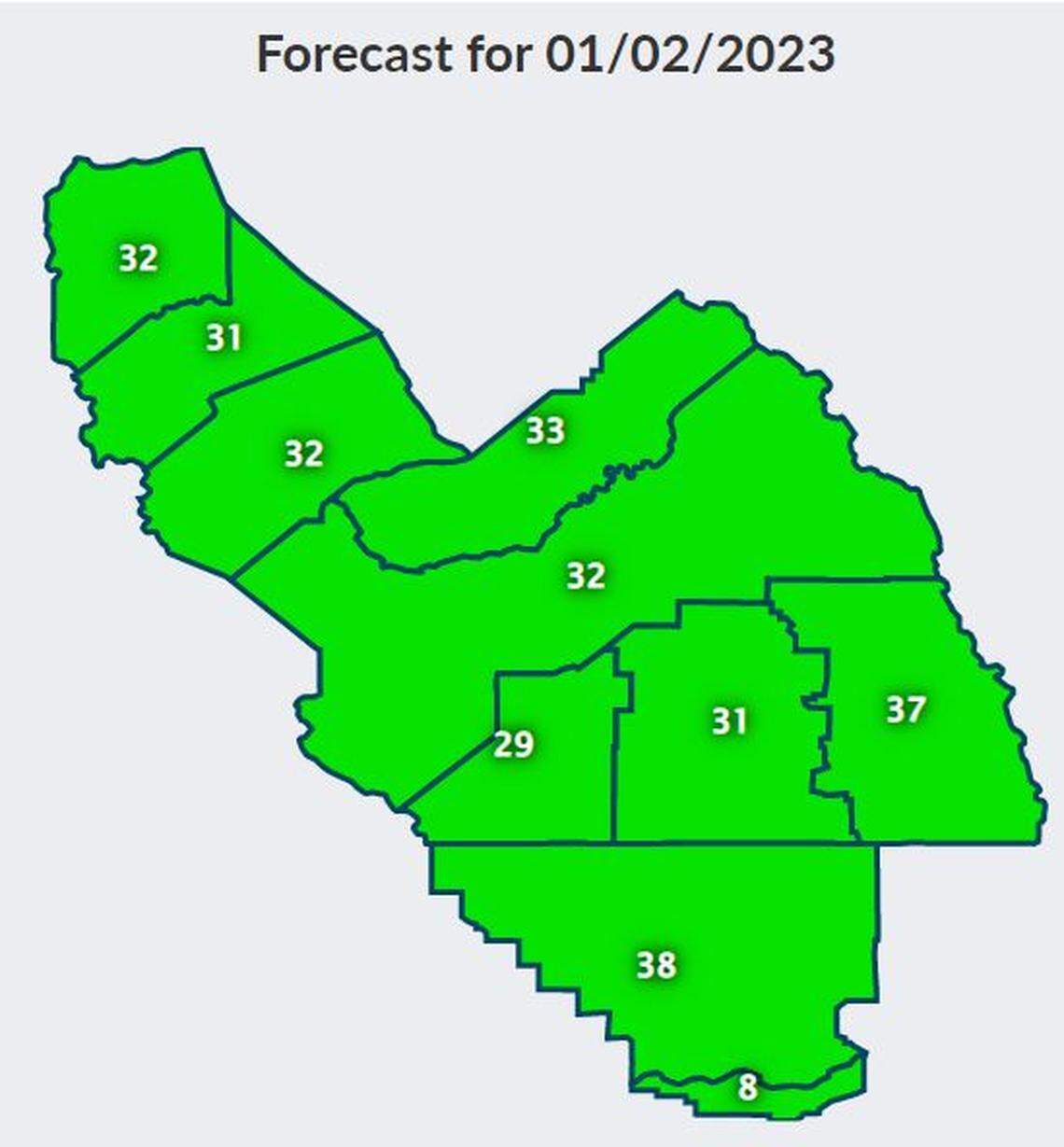 The San Joaquin Valley Air Pollution Control District’s daily air quality index Monday was flashing a rare all-green hue.